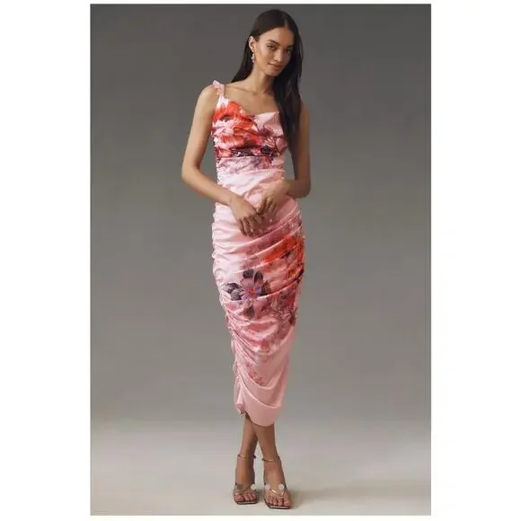 BHLDN Callie Sleeveless Ruched Printed Charmeuse Midi Dress Size US M - Picture 9 of 9